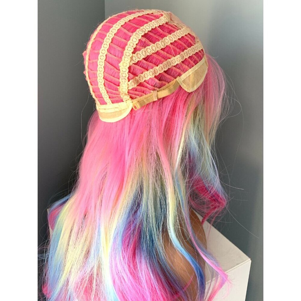 Long Wavy Neon Rainbow Synthetic 26 inch Wig - Picture 5 of 5